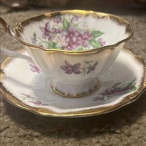 Vintage Queen Anne Fine Bone China Floral Teacup and Saucer with Gold Trim